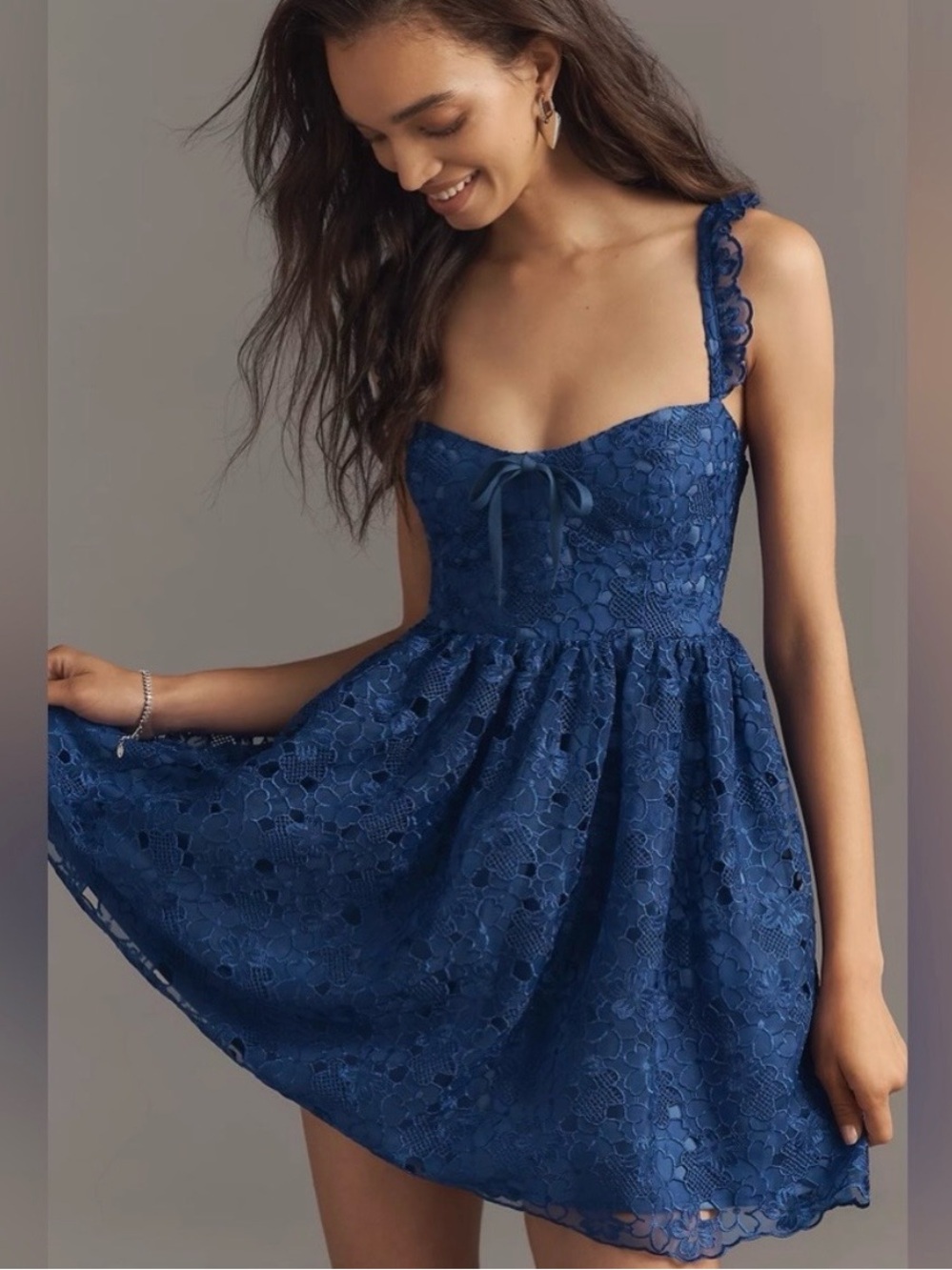 Anthropologie Blue Floral Lace Mini Fit and Flare Dress Corset Babydoll Sz M NWT